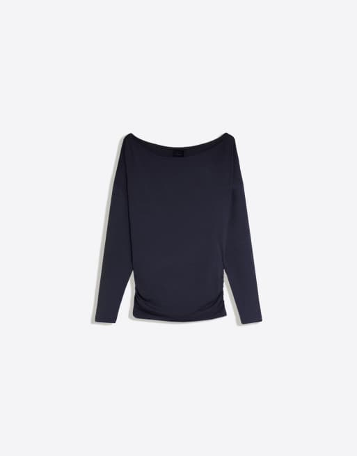 Bershka Asymmetric neck long-sleeved t-shirt in denim blue, 5 of 5