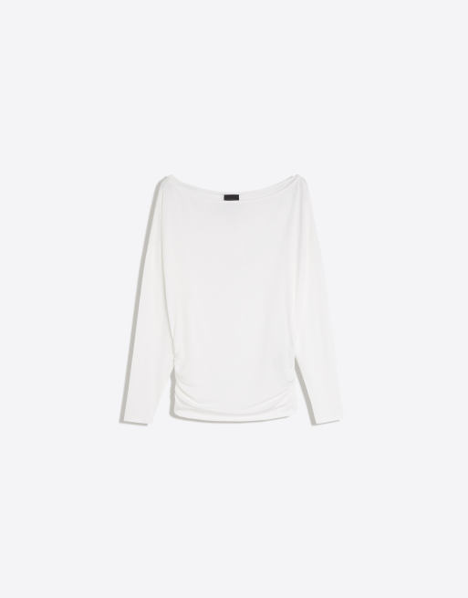 Bershka Asymmetric neck long-sleeved t-shirt in white, 5 of 5