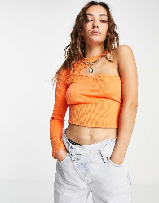 Bershka asymmetric one shoulder cut out crop top in bright orange