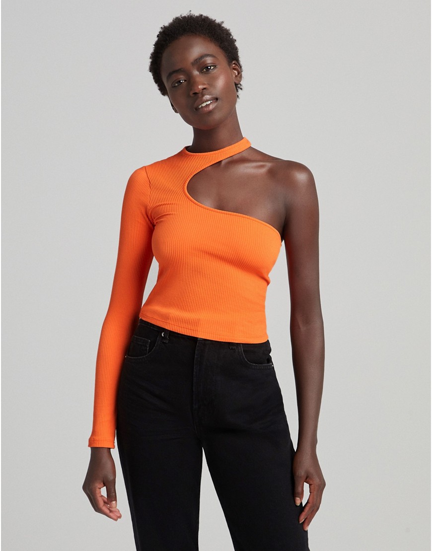 Bershka asymmetric one shoulder cut-out crop top in bright orange