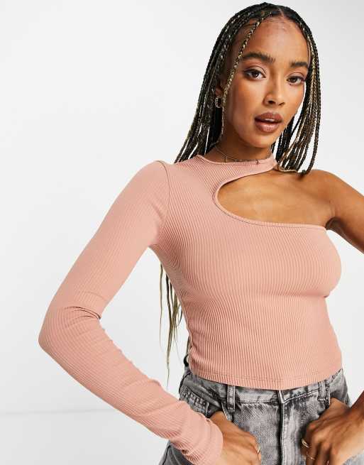 Bershka asymmetric one shoulder cut-out crop top in camel