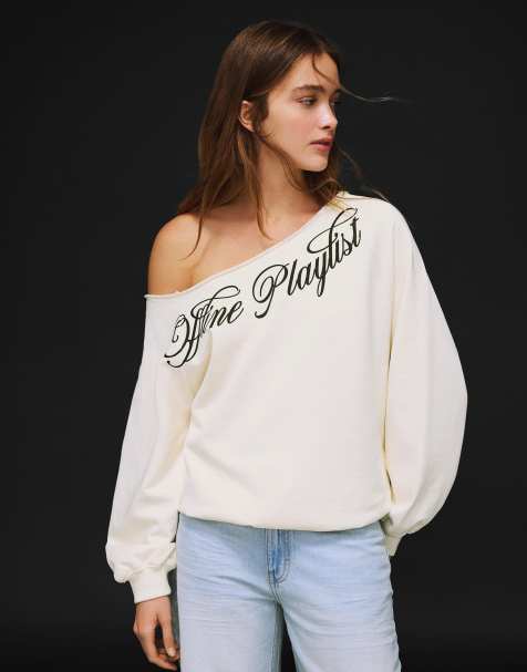 Bershka Asymmetric print sweatshirt in ecru