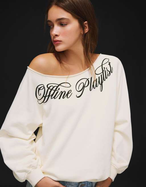 Bershka Asymmetric print sweatshirt in ecru, 3 of 4