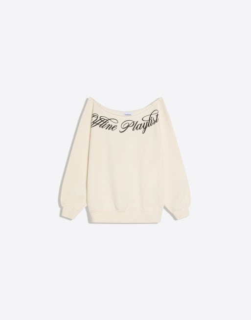 Bershka Asymmetric print sweatshirt in ecru, 4 of 4