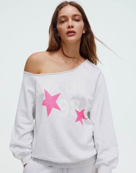 Bershka Asymmetric print sweatshirt in light grey