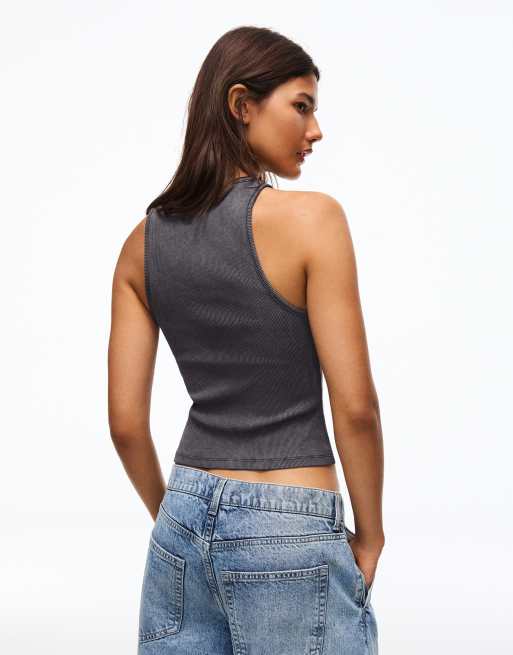 Bershka Asymmetric printed sleeveless top in washed grey, 3 of 5