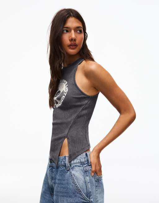 Bershka Asymmetric printed sleeveless top in washed grey, 4 of 5