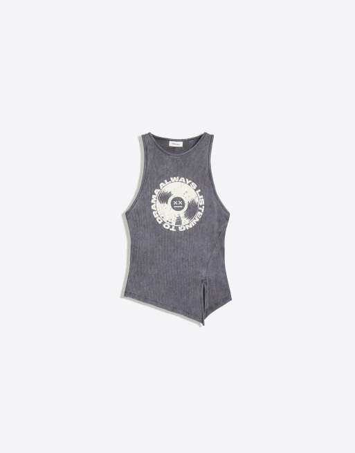 Bershka Asymmetric printed sleeveless top in washed grey, 5 of 5
