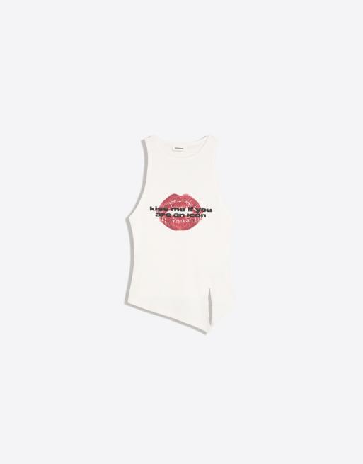 Bershka Asymmetric printed sleeveless top in white, 5 of 5