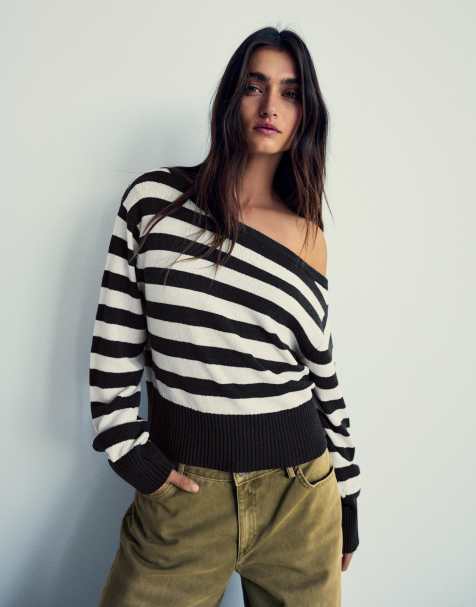 Bershka Asymmetric rustic stripe jumper in denim blue - view 1