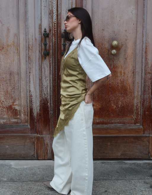 Bershka Asymmetric sateen mini dress in khaki, 2 of 4