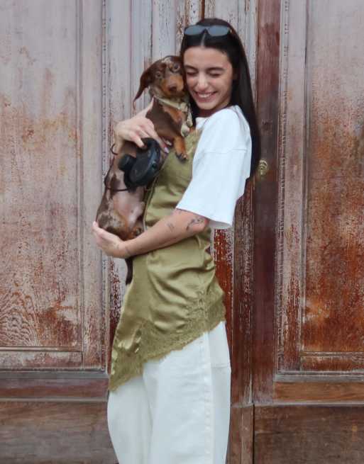 Bershka Asymmetric sateen mini dress in khaki, 4 of 4