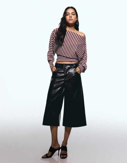 Bershka Asymmetric stripe-neck jumper in burgundy, 4 of 5