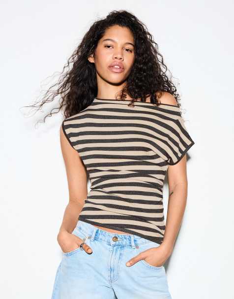Bershka Asymmetric striped top in stone - view 1
