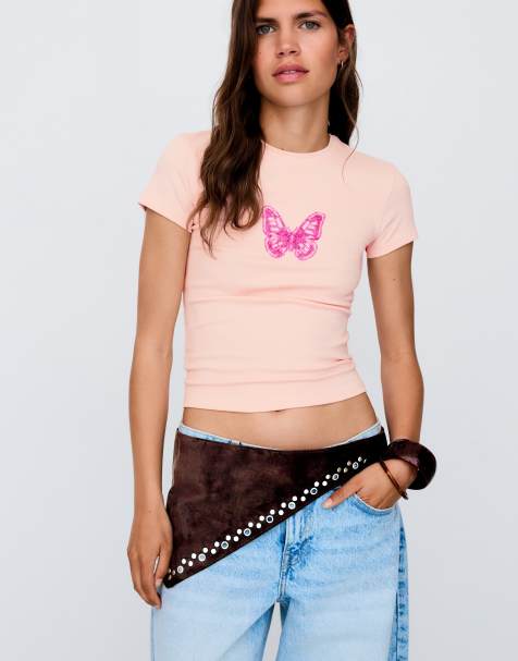 Bershka Asymmetric stud belt in brown - view 1