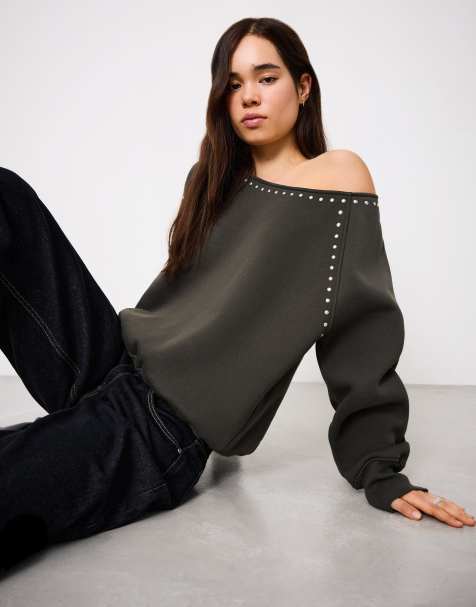 Bershka Asymmetric stud sweatshirt in khaki