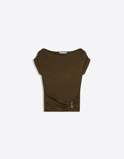 Bershka - Asymmetrische trui met riem in kaki, 3 van 4