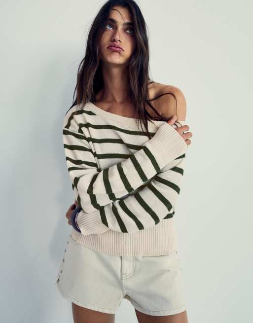 Bershka - Asymmetrische trui met rustieke strepen in groen, 3 van 4