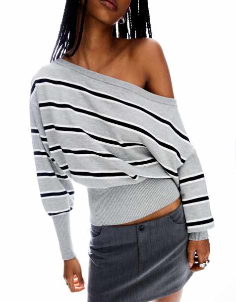 Bershka – Asymmetrischer Pullover in Hellgrau mit geripptem Saum - view 1