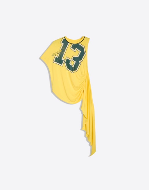 Bershka – Asymmetrisches, gerafftes Tuch-Oberteil in Gelb, 4 von 4