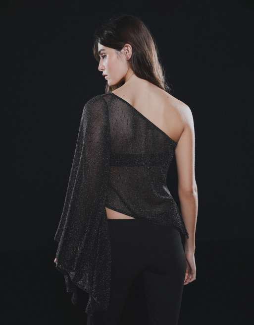 Bershka asymmetrisches Langarm-Oberteil mit Strasssteinen in Schwarz, 3 von 5