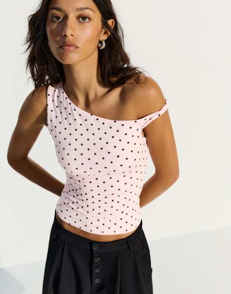 Bershka – Asymmetrisches Oberteil in Rosa mit Polka-Dots - view 1