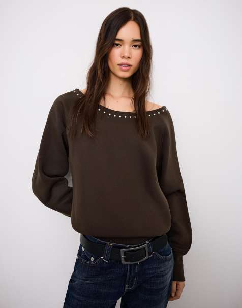 Bershka – Asymmetrisches Sweatshirt in Braun mit Nietenbesatz - view 1