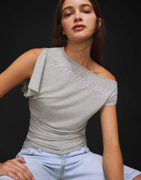 Bershka – Asymmetrisches T-Shirt in Hellgrau mit Print - view 1