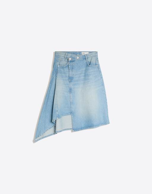 Bershka asymmetrisk denim midinederdel i mellemblå, 5 af 5