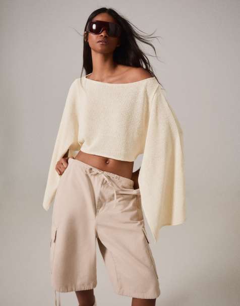 Bershka asymmetrisk kappe med metallisk tråd i sand - view 1