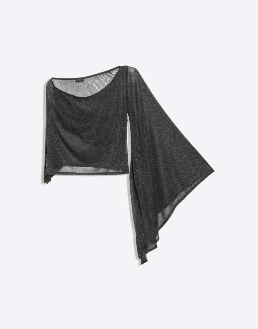Bershka asymmetrisk langærmet top med rhinsten i sort, 5 af 5