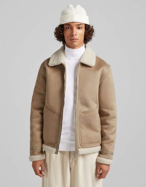 Bershka aviator jacket in beige suede