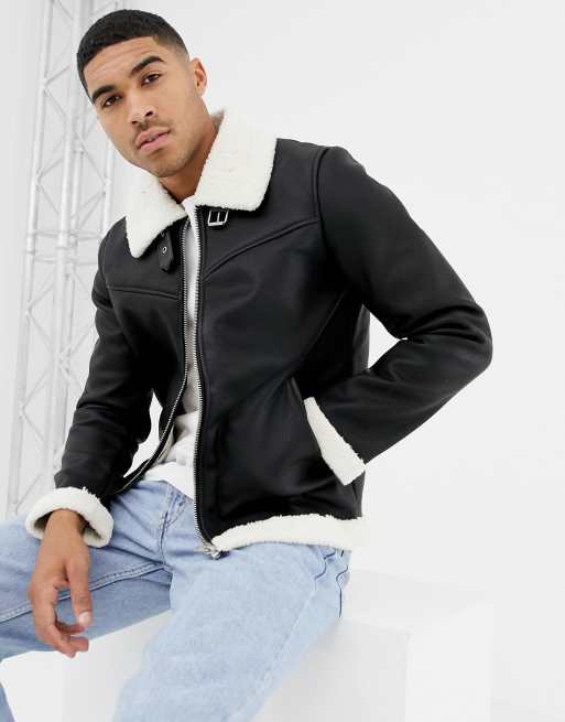 Bershka aviator jacket in black with borg lining | ASOS