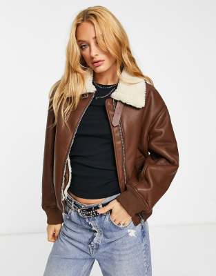 Bershka aviator jacket in brown