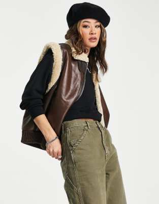 Bershka aviator style gilet in brown