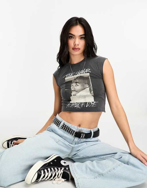 Bershka - Baby tee met Tupac-print in grijze wassing, 4 van 4