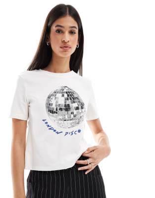 Bershka baby tee with 'London disco' print-White