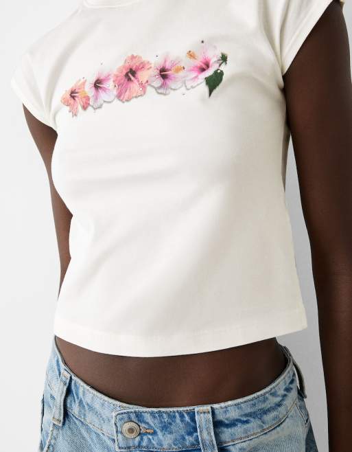 Bershka baby tee with vintage flower graphic in ecru