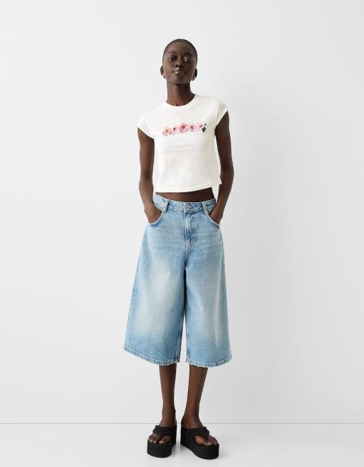 Bershka baby tee with vintage flower graphic in ecru