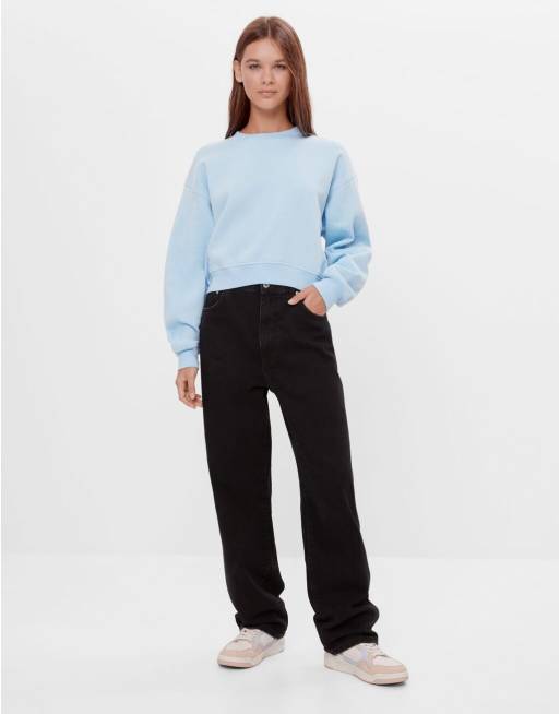 Bershka – Babyblå sweatshirt med dekorativa sömmar av bomull, 4 av 4