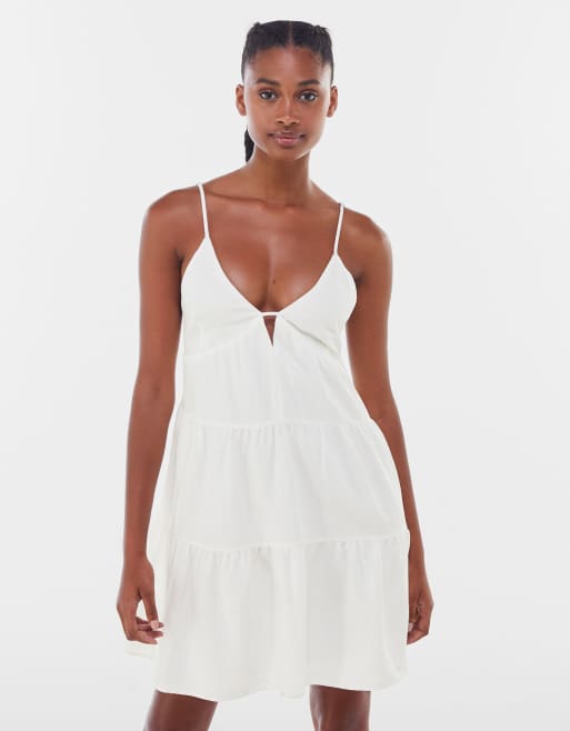 Bershka babydoll tiered summer dress with open back in white | ASOS