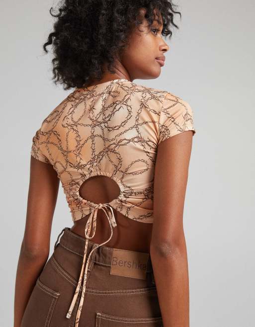 Bershka back detail crop top in orange chain print