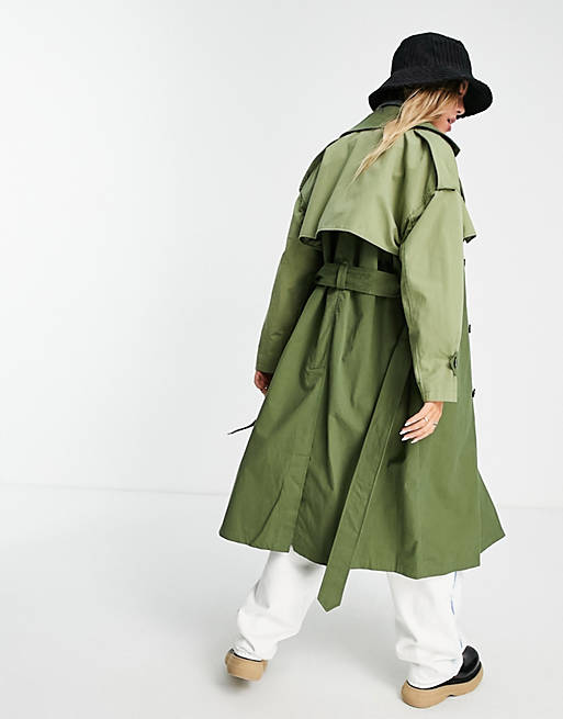 Coats & Jackets Bershka back detail trench coat in khaki 