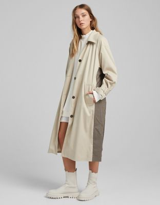 Bershka back detail trench coat with check contrast detail in ecru
