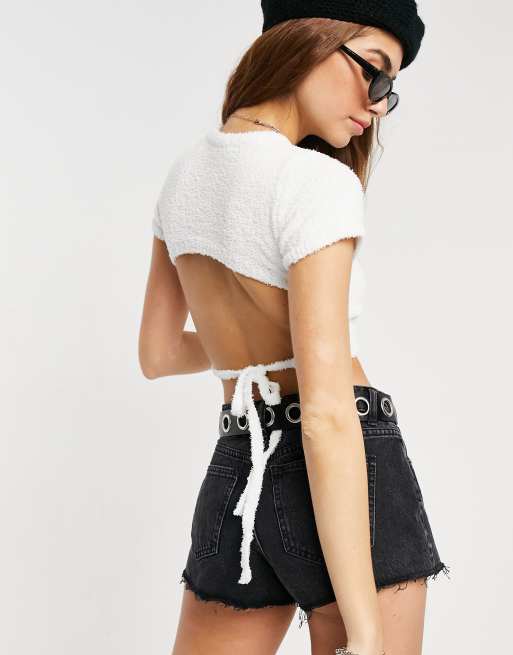 Bershka backless fluffy sleeveless crop jumper in white ASOS