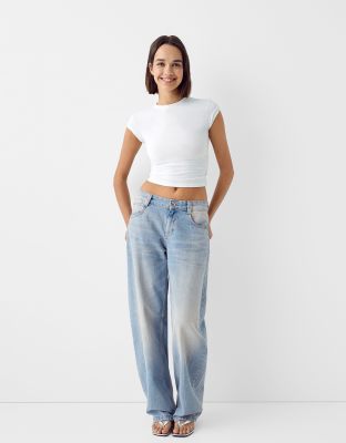 baggy balloon leg jeans in light dirty wash blue