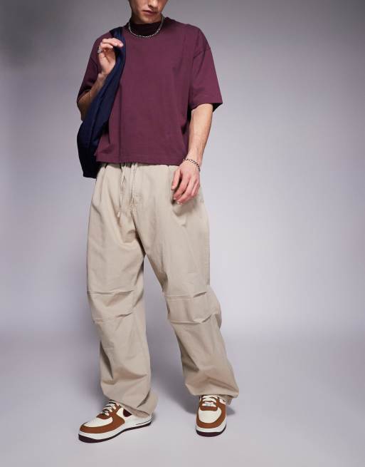Bershka - Baggy broek van parachutestof in beige 