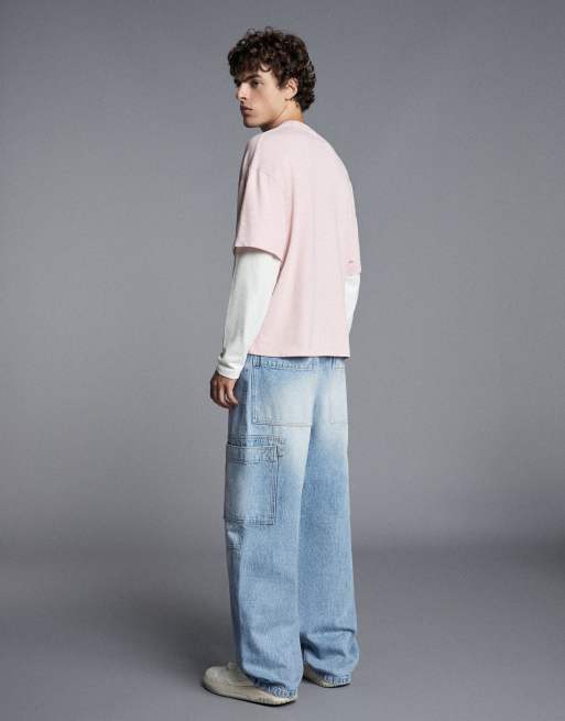 Bershka Baggy cargo jeans in light bue, 3 of 6