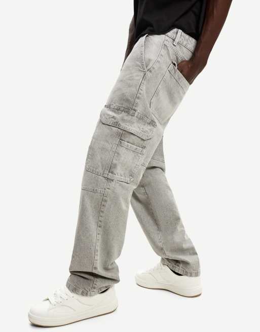 Bershka baggy cargo jeans in light grey ASOS