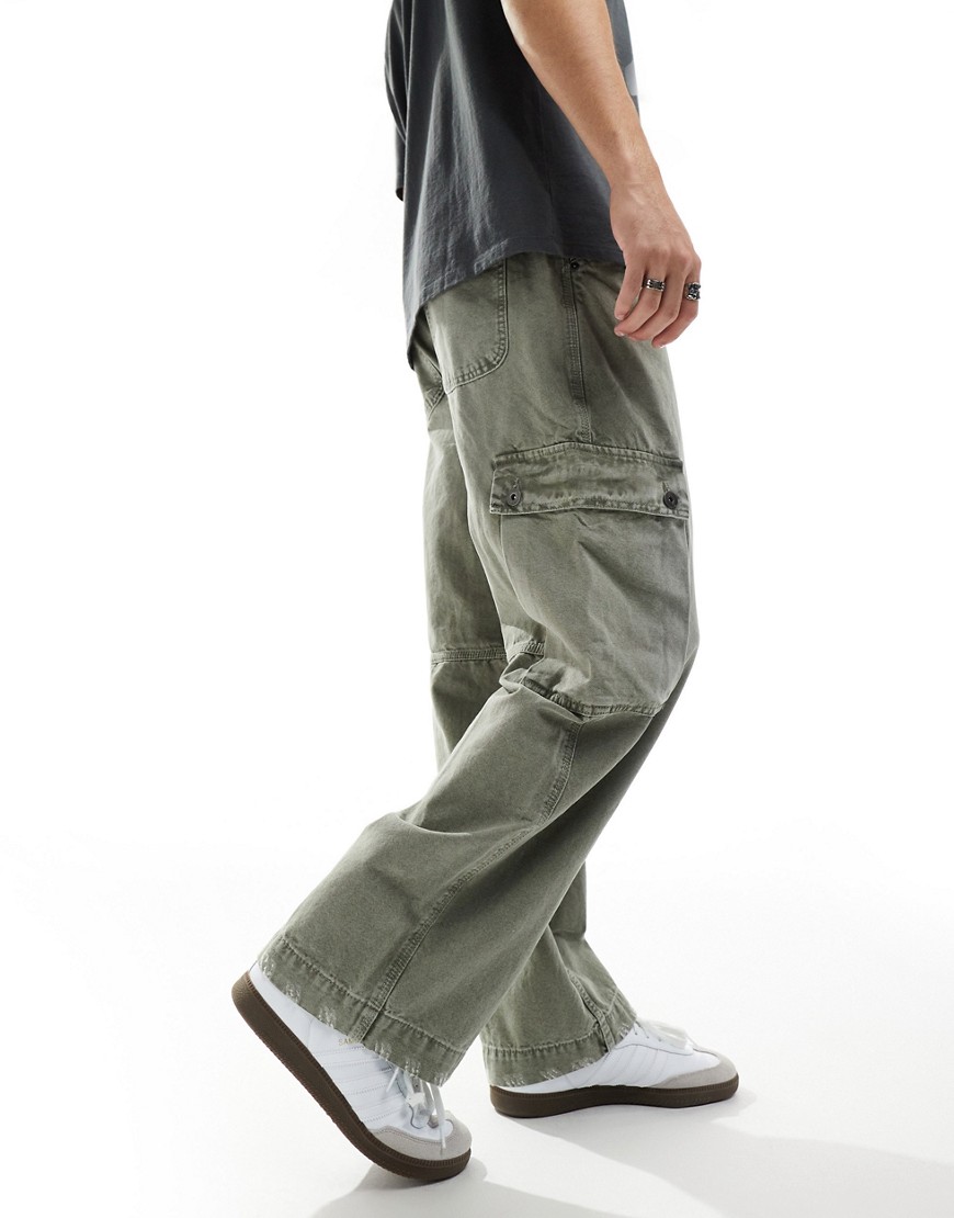 baggy cargo pants in washed olive-Green